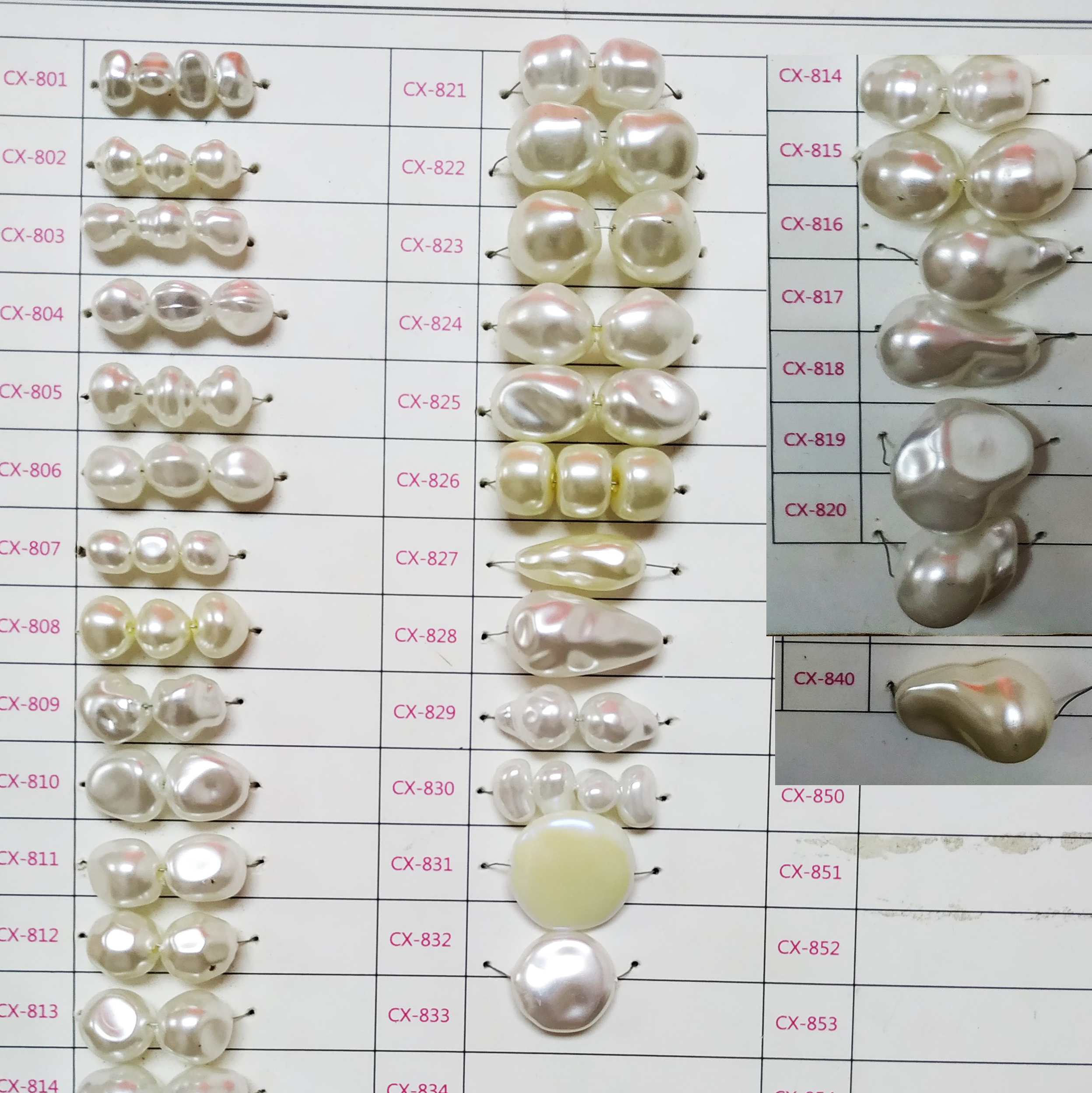 Plastic Baroque pearl shape chart
