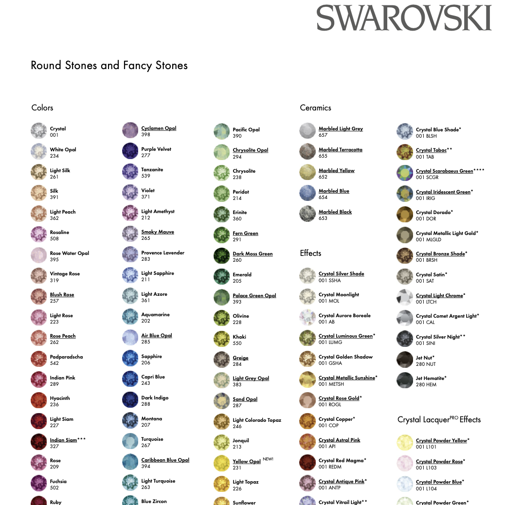 Swarovski crystal chart